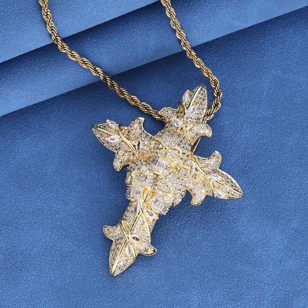 Hip Hop Jewelry Customized Skull Cross Necklace Shiny Brass 18k Plated 5A CZ Covered with Diamonds Men's Christmas Gift