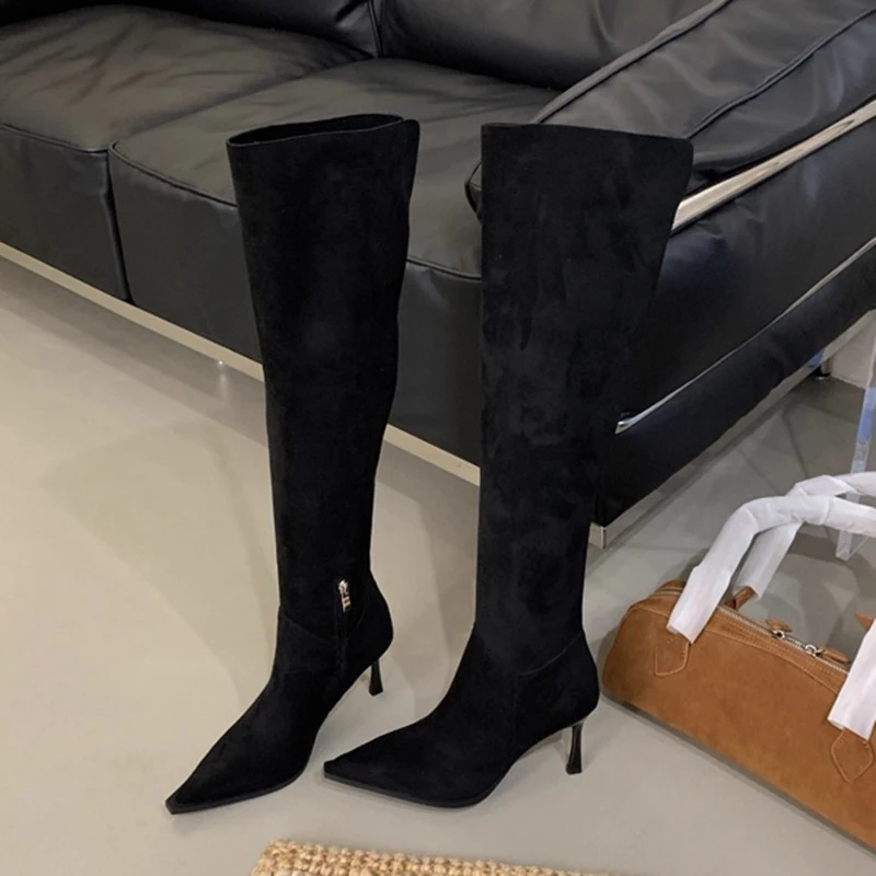 Temperament Tall Boots Autumn New Pointed Toe Suede Side Zipper Non-Slip Wear-Resistant Slim Follower Boots view 3