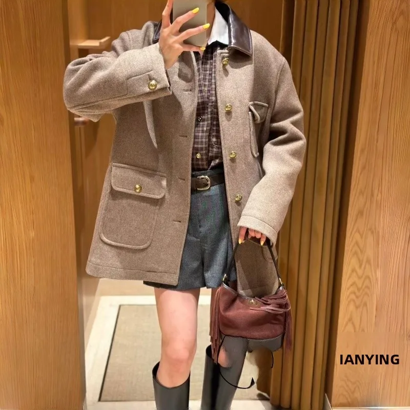   Prendas de abrigo Faion de otoño e invierno con cuello de retales de cuero para mujer abrigo largo Ele Sle Sve