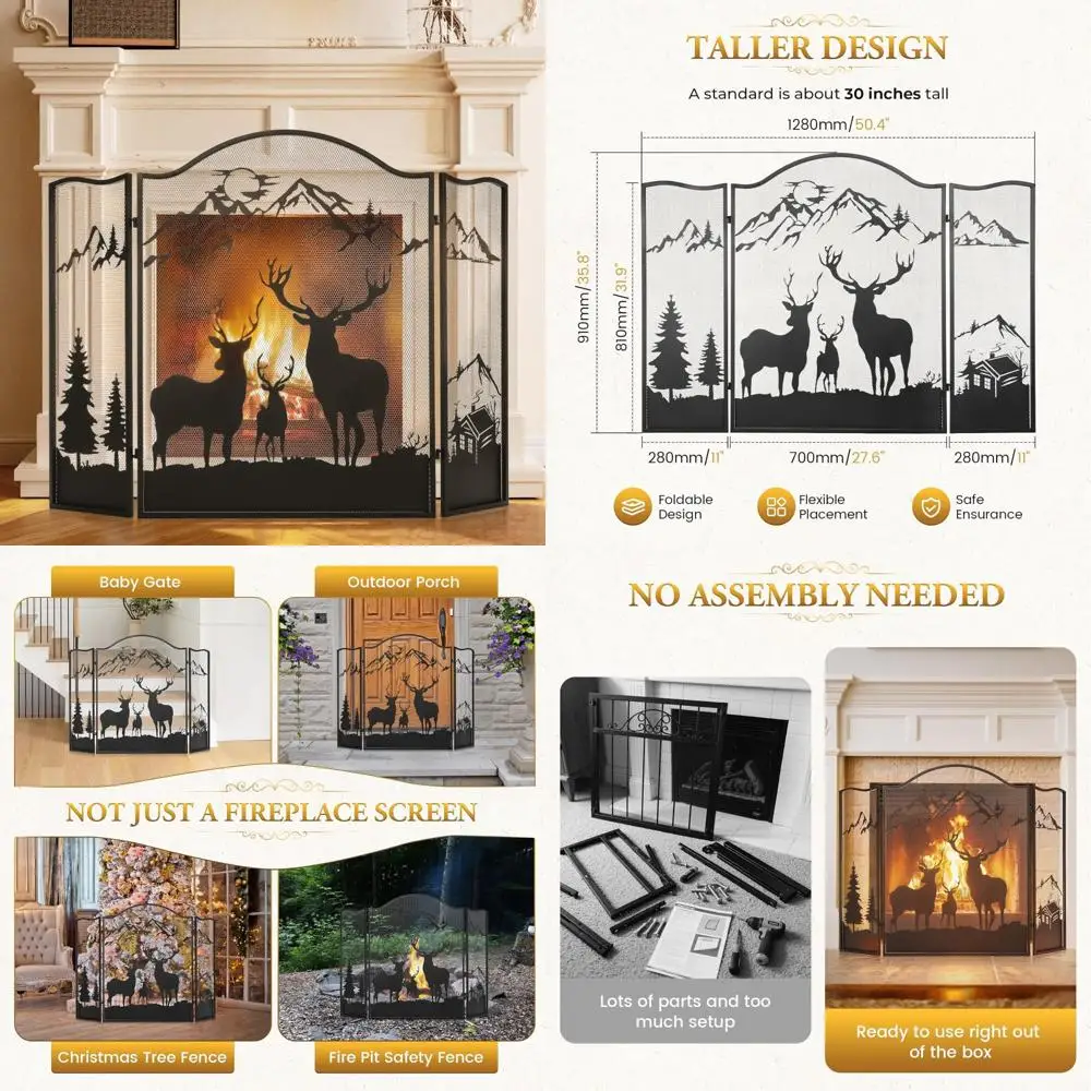 36 شاشة مدفأة من الحديد المطاوع - تصميم غزال مكون من 3 ألواح، واقي حريق قابل للطي للاستخدام الداخلي/الخارجي