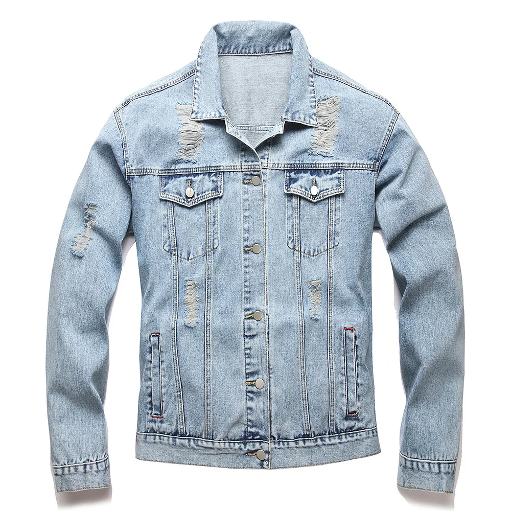 

Мужская рваная джинсовая куртка, универсальное потертое эластичное джинсовое пальто, повседневная светло-голубая тонкая верхняя одежда с отверстиями