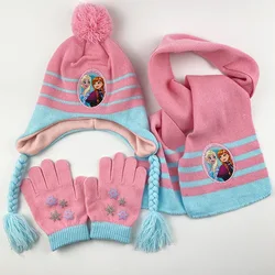 Disney Elsa and Anna Scarf Hat and Glove 3Sets Mickey Accessories Winter Keep Warm Knitting Woolen Yarn Frozen Head Cap for Kids