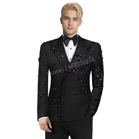 Customized Slim Fit Mens 2 Piece Double Breasted Suit Luxury High Quality Diamond Ornament Tuxedos For Business Wedding Groom