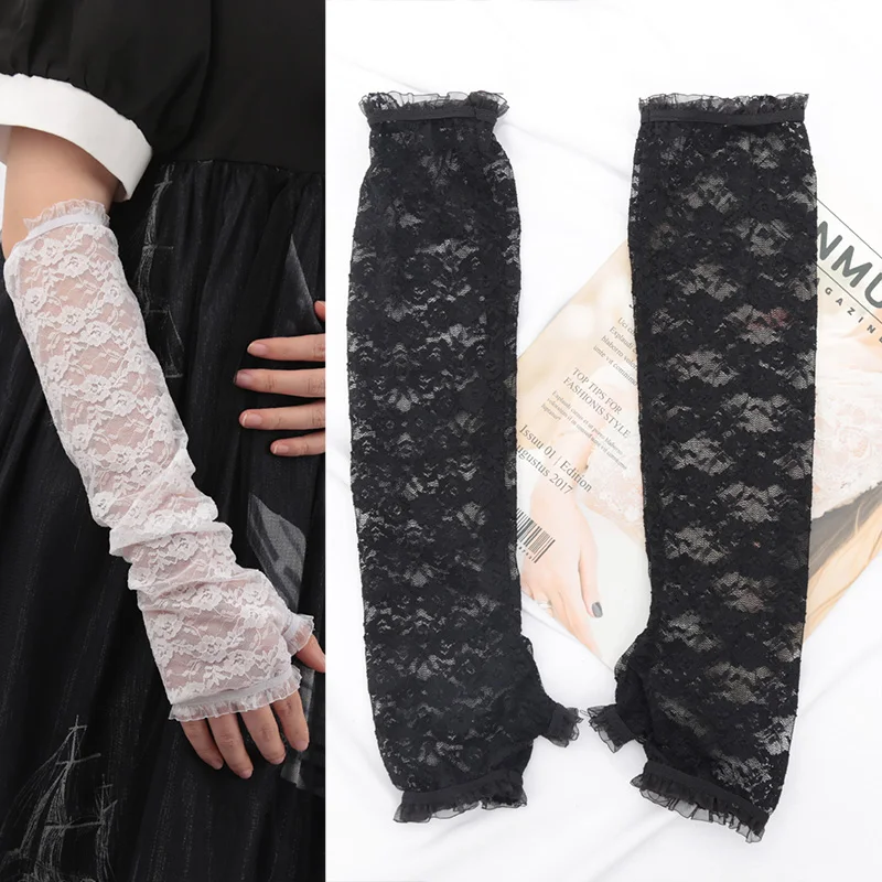 Women Lace Arm Cover Sleeve Fishnet Mittens UV Protection Arm Cuffs Fingerless Driving Gloves JK Lolita Kawaii White Gloves