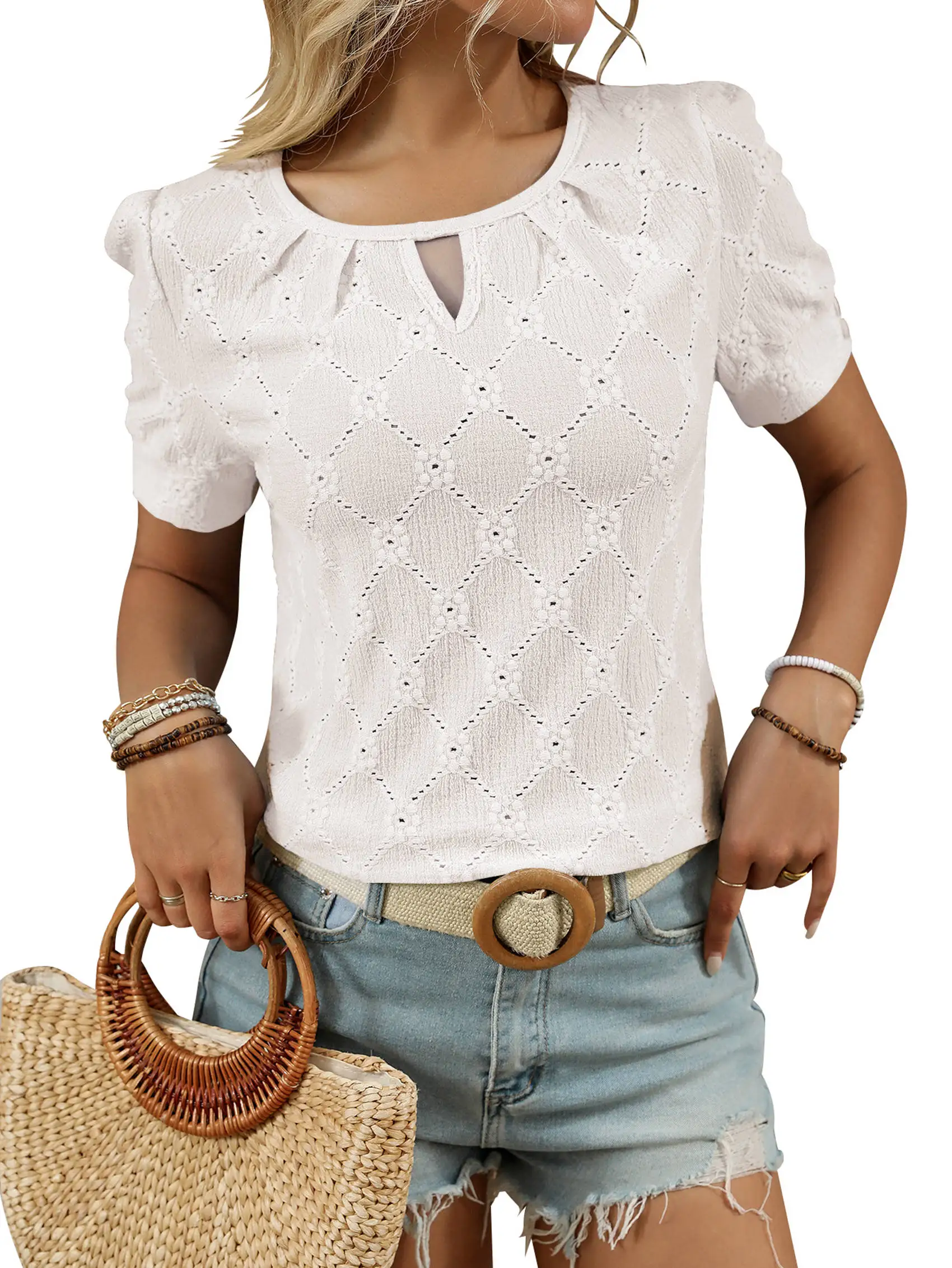 

Summer Womens Casual Hollow Embroidered Blouses Short Sleeve Shirts Beige L