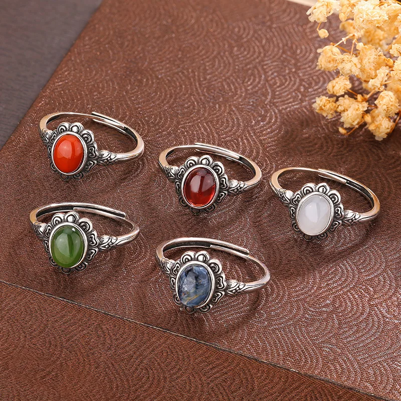 Charm S925 Silver Ethnic Style Ring With Natural Red Agate, Hetian Jade, And Tibetan-Mongolian Elements