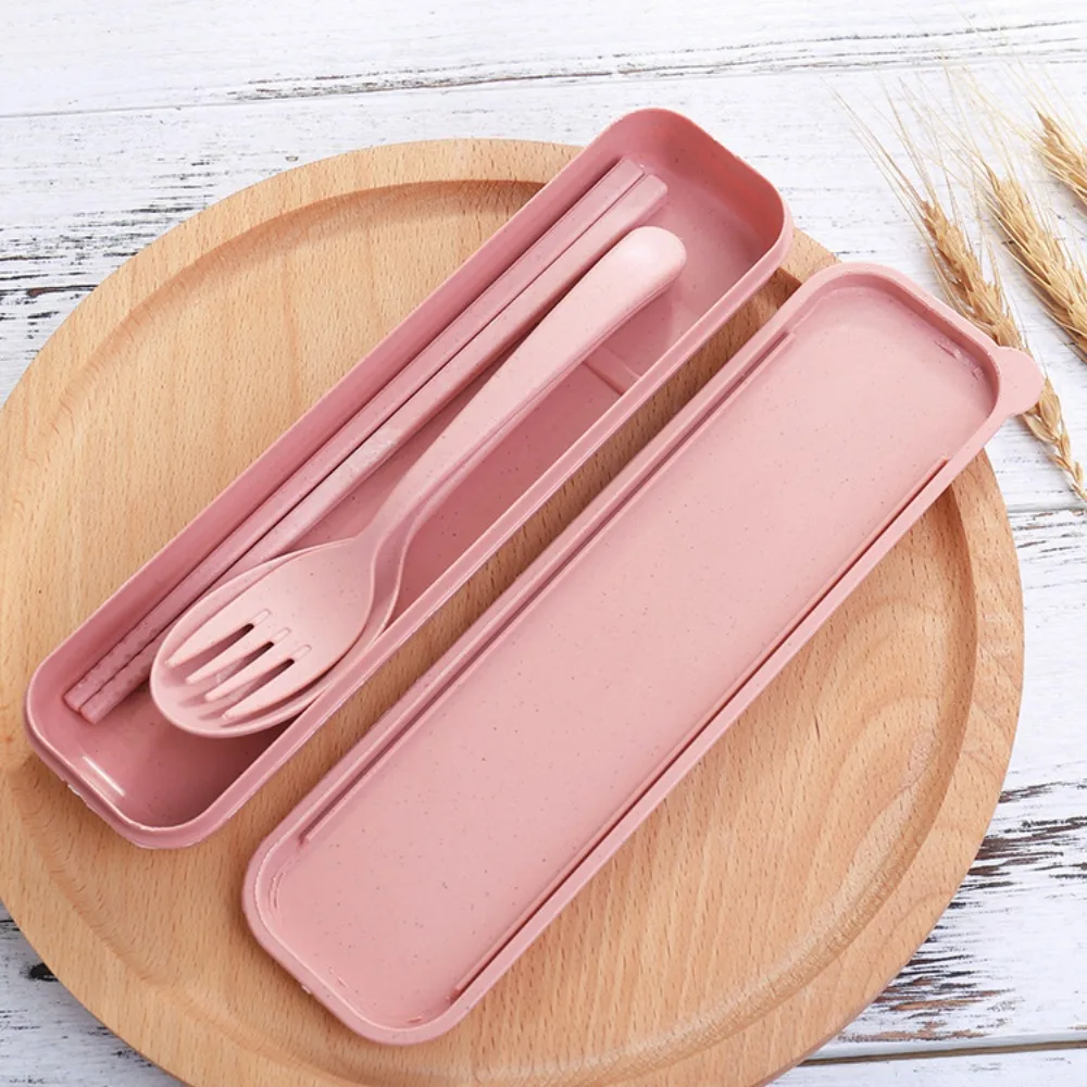 

New Plastic Cutlery Set With Storage Box Simplicity Fork And Chopsticks Set Portable Wheat Straw Tableware