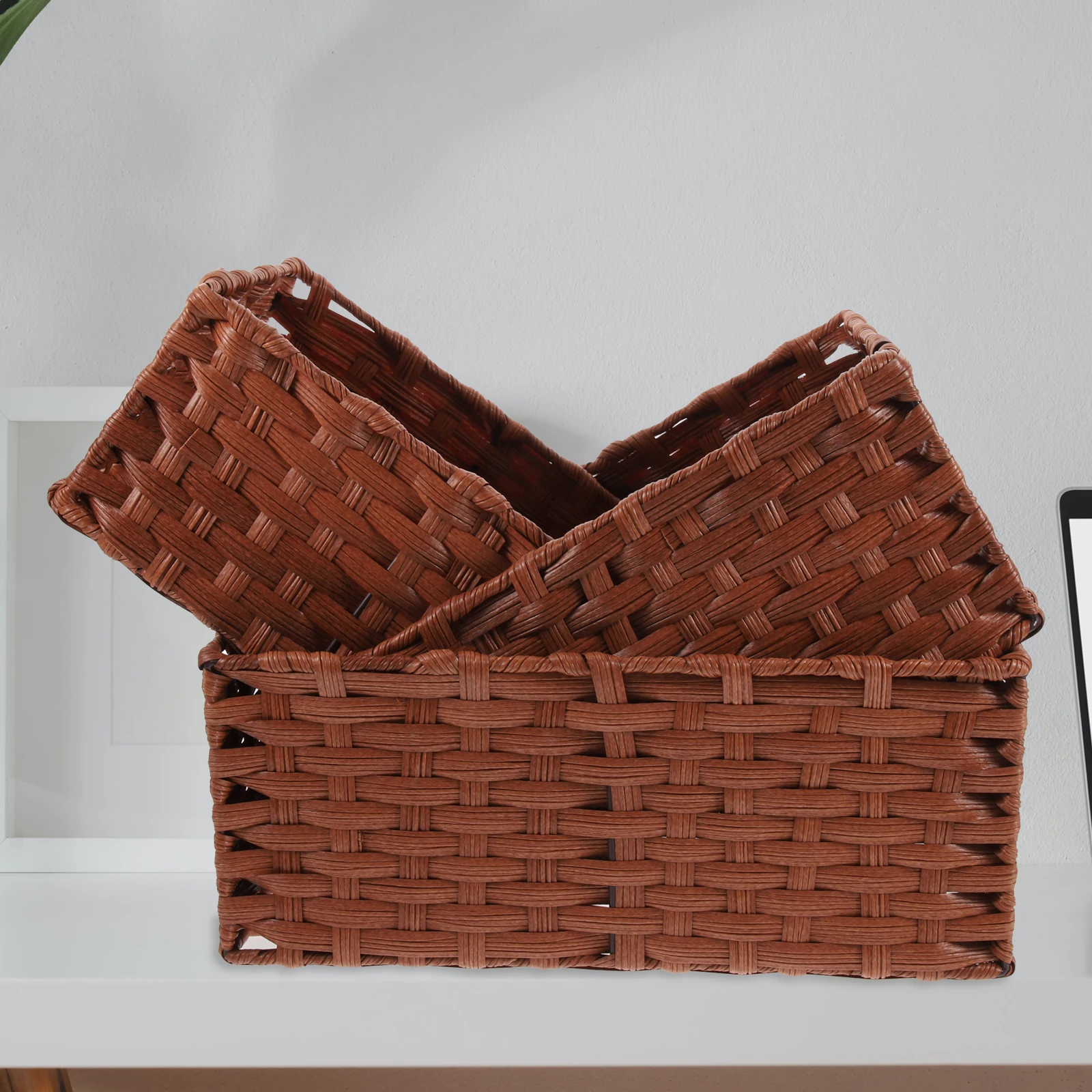 

3pcs Woven Storage Basket Shallow Brown Large Medium Small Desktop Kitchen Bedroom ganizer Household Container