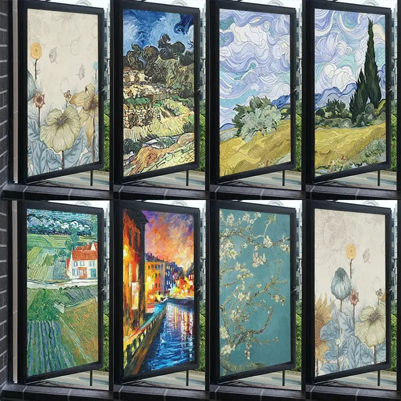 Privacy Windows Film Decorative Van Gogh Stained Glass Window Stickers No Glue Static Cling Frosted Windows Film for Home