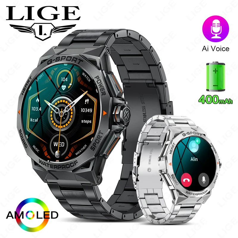 

LIGE Смарт-часы для мужчин 1,43 "AMOLED HD-экран Новые Bluetooth-вызовы Спортивный фитнес-трекер Монитор здоровья Смарт-часы для Android IOS