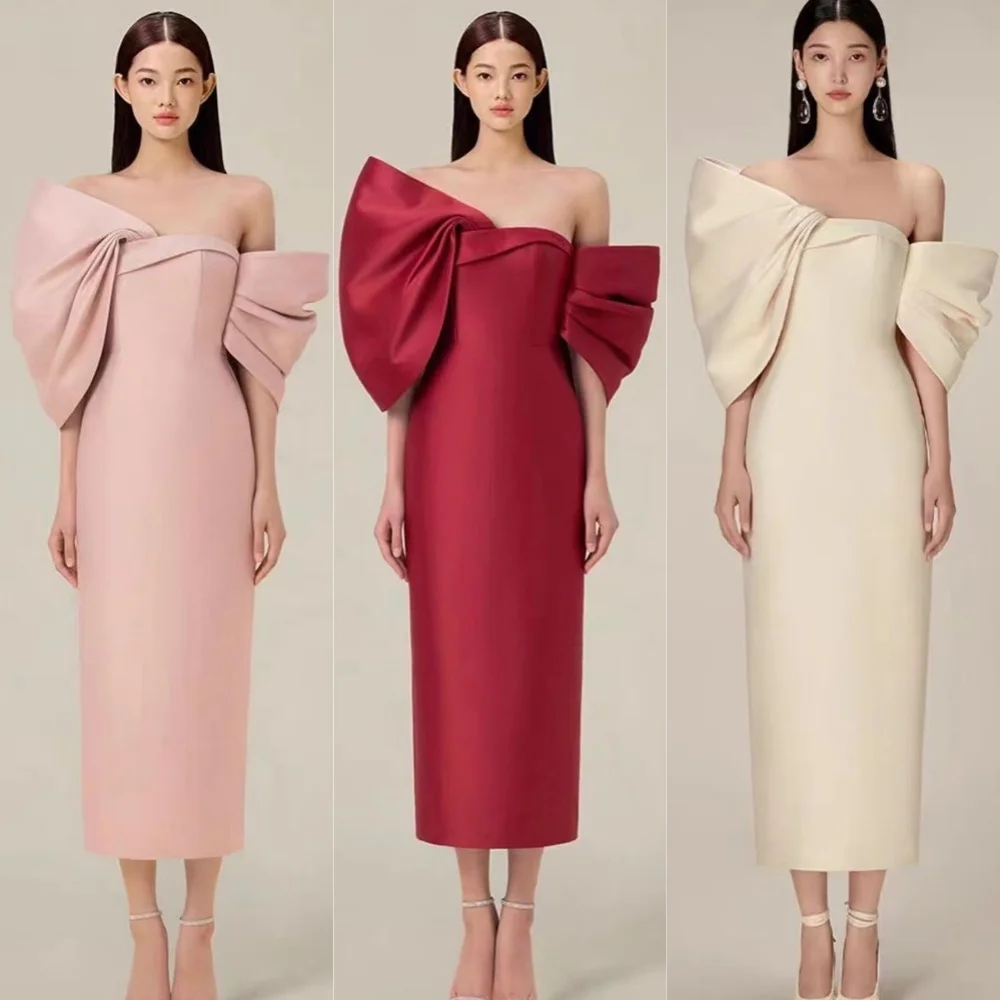 

Elegant Jersey Pleat A-line Off-the-shoulder Midi Dresses Evening Dresses Classic Exquisite Modern Style Pastrol Chinese Style