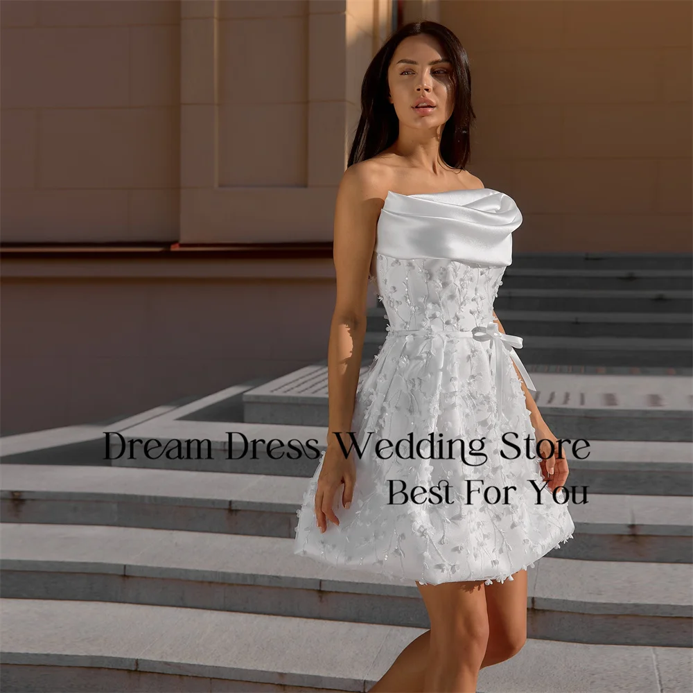 DREAM Lace A-Line Short Wedding Dress Women 2025 Strapless Pleat Open Back Sleeveless Bridal Gown Vestidos De Noiva Customized
