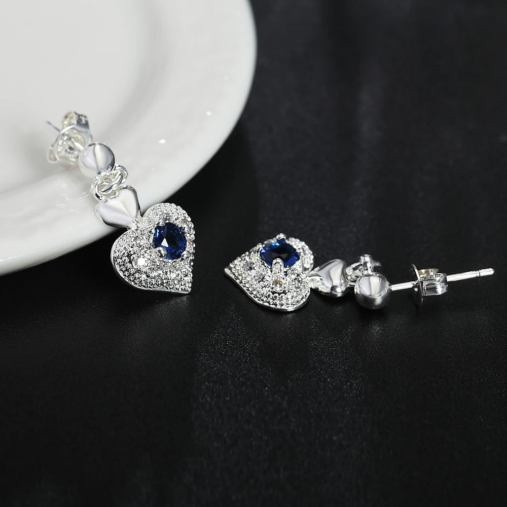 Nieuwe 925 sterling zilveren oorbellen voor elegante damessieraden All-match blauwe zirkoon hart Moederdagcadeaus