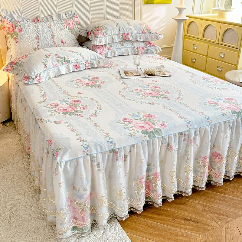 

1pc Princess Bed Skirt, Pure Cotton.Romantic Lace Mattress Cover,Rose Floral Bedroom Decor falda de camal Girl Bedspread 150*200