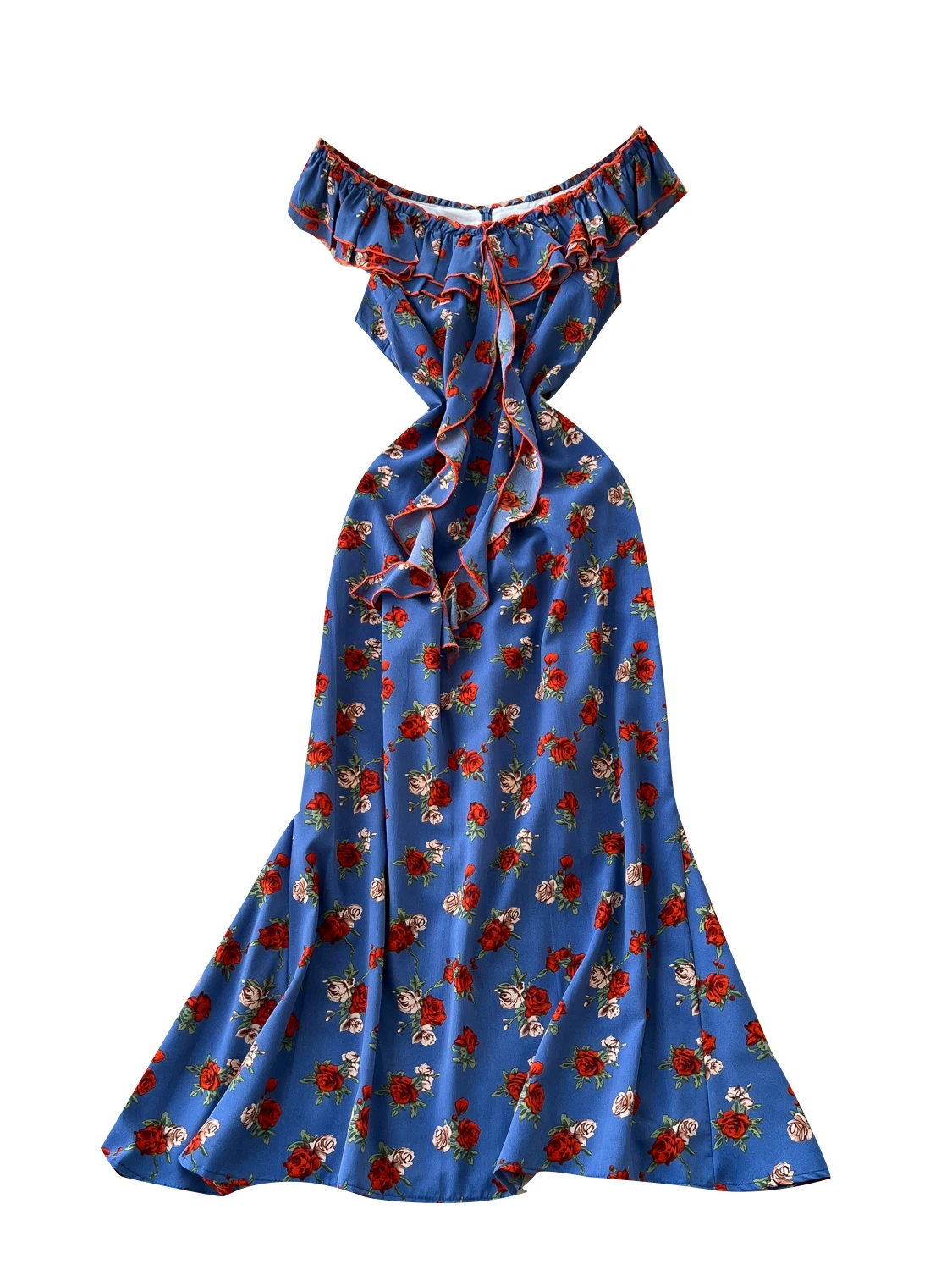 레트로 플로럴 프린트 여름 원피스 여성 A라인 미디 스커트 하이웨이스트 주름 어깨 원숄더 플리츠 피쉬테일 드레스