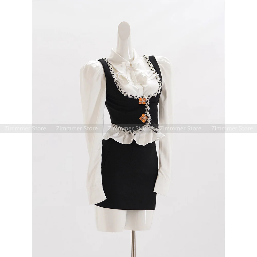 High Quality! Niche Celebrity Sweet Spice Style Airy Lightweight Hand Knit Lace Vest + Half Body Skirt Set