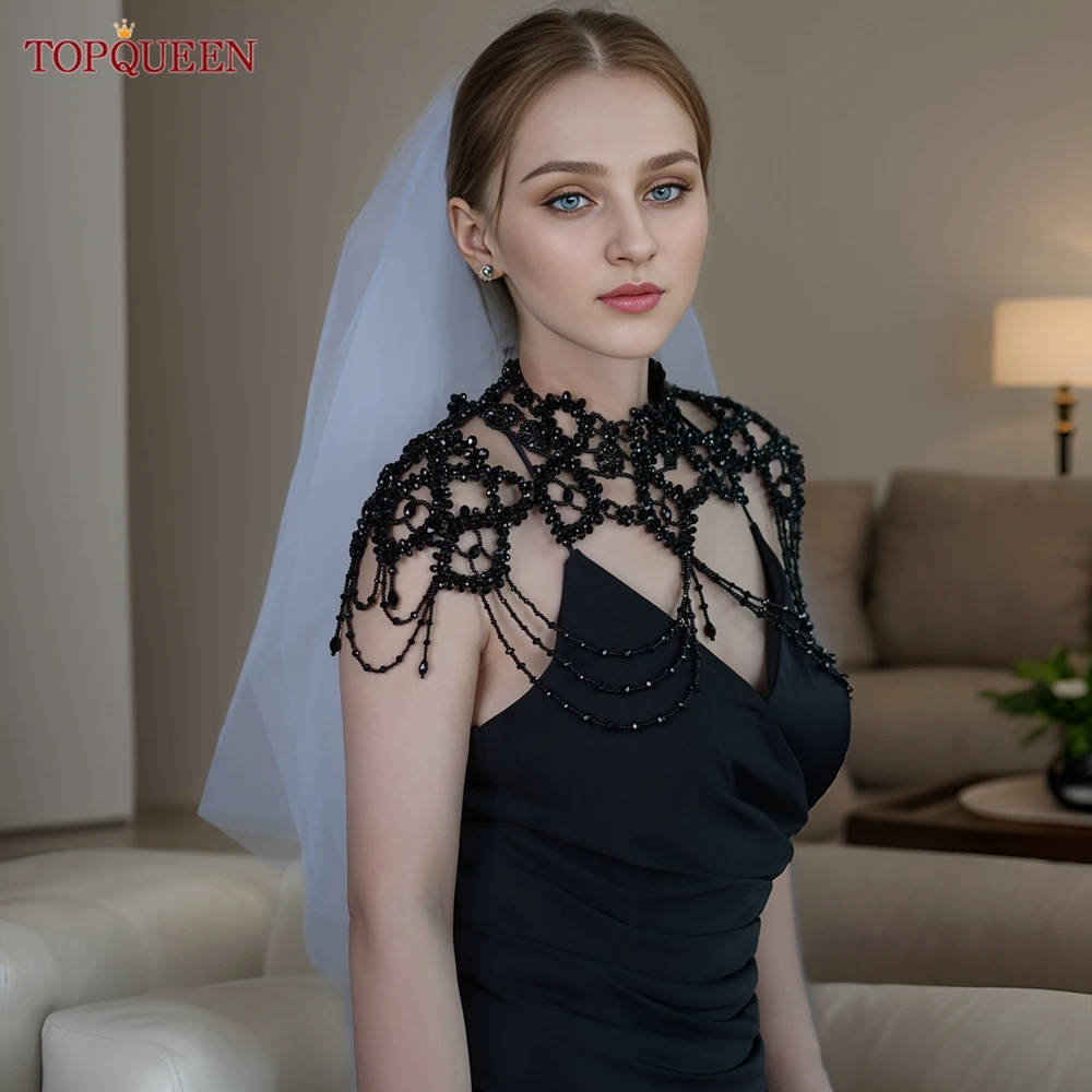 TOPQUEEN G09 Black Crystal Bridal Top Wedding Bolero Jewelry on Shoulder Cover stole da sposa avvolge la giacca elegante da donna fai da te