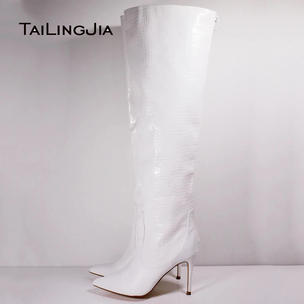 White Boots Women Crocodile PU Leather Over the Knee Boots Pointed Toe Stiletto Heel Large Size Ladies Shoes