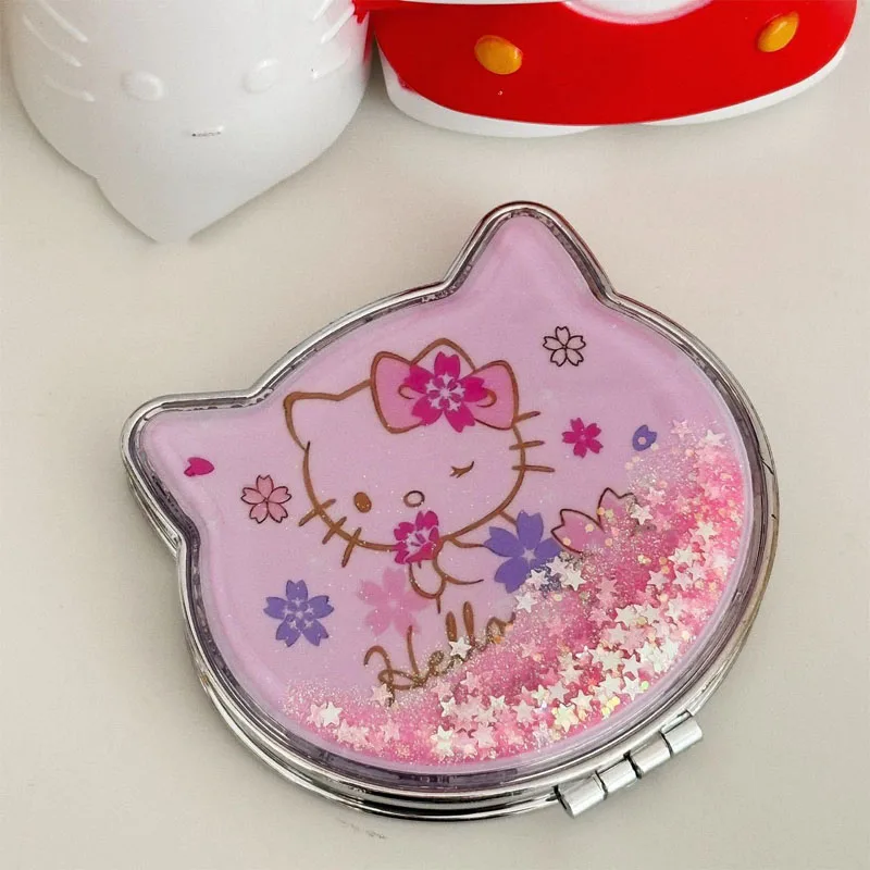 Kawaii Sanrio Hello Kitty, маленькое зеркало с струящимся песком, портативное мини-двустороннее складное зеркало, студенческий фестиваль, креативные подарки