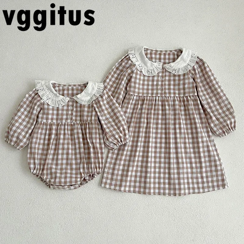 Spring Autumn Family Matching Outfits Baby Girl Doll Collar Plaid Long Sleeved Dress/Bodysuit Sisters Twins Clothing H6040