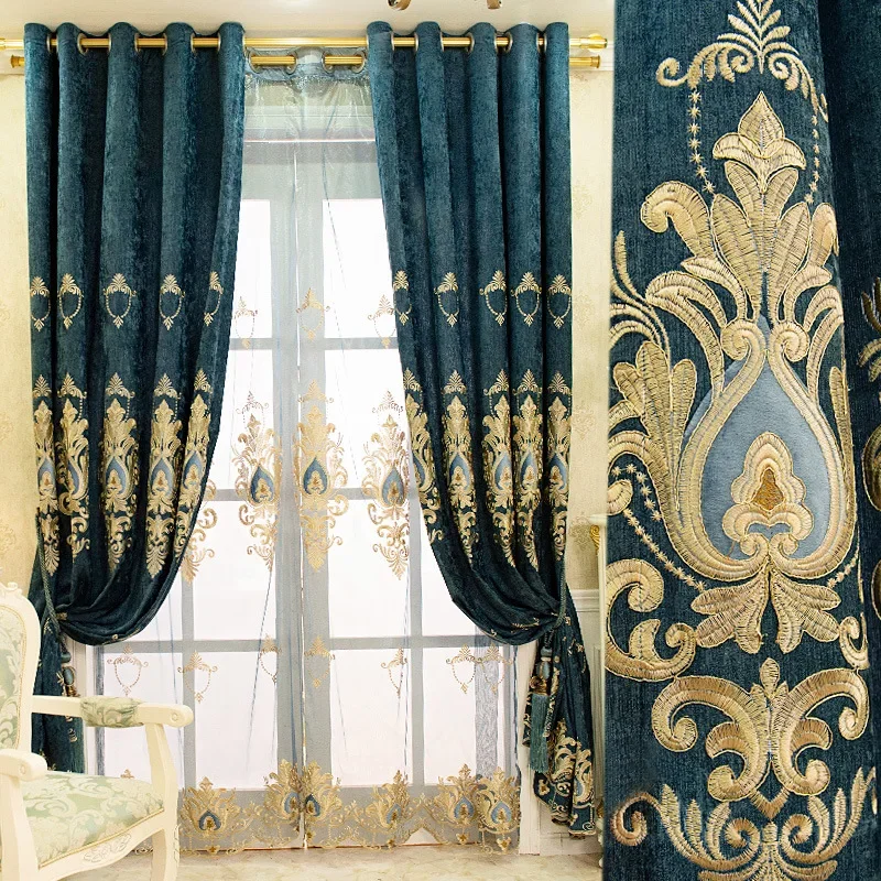 

European Embroidery Chenille Green Luxury Curtains for Living Room Bedroom Dining Blackout Window Decor Elegant Tulle