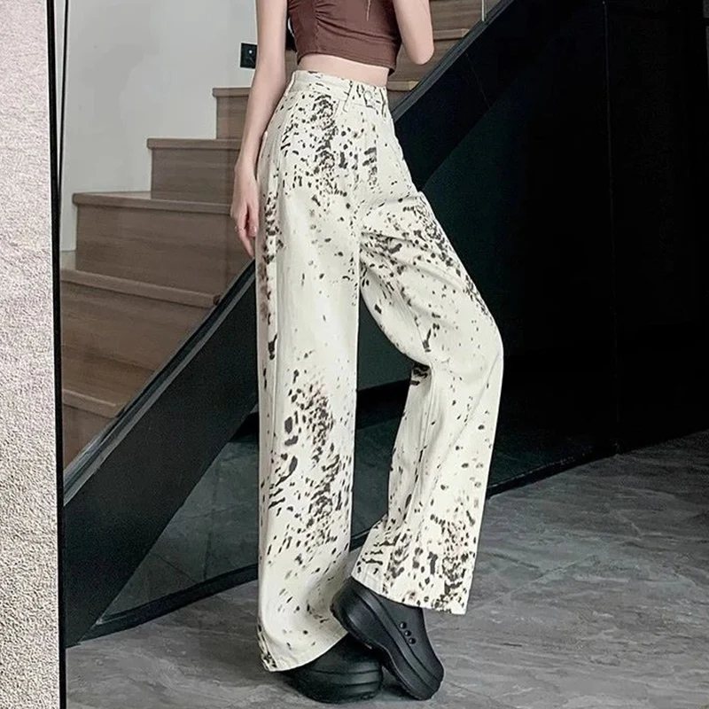 

Новые дизайнерские женские джинсы с леопардовым принтом для девочек, корейские абрикосовые брюки с высокой талией, женские модные тонкие прямые джинсовые брюки