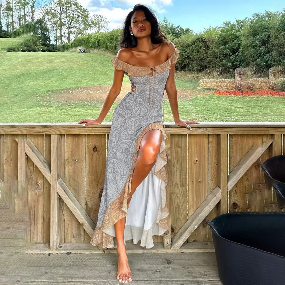 Blifanbo moda elegante fora do ombro plissado maxi vestido para mulher coxa divisão sexy impressão cinta de espaguete vestido longo irregular