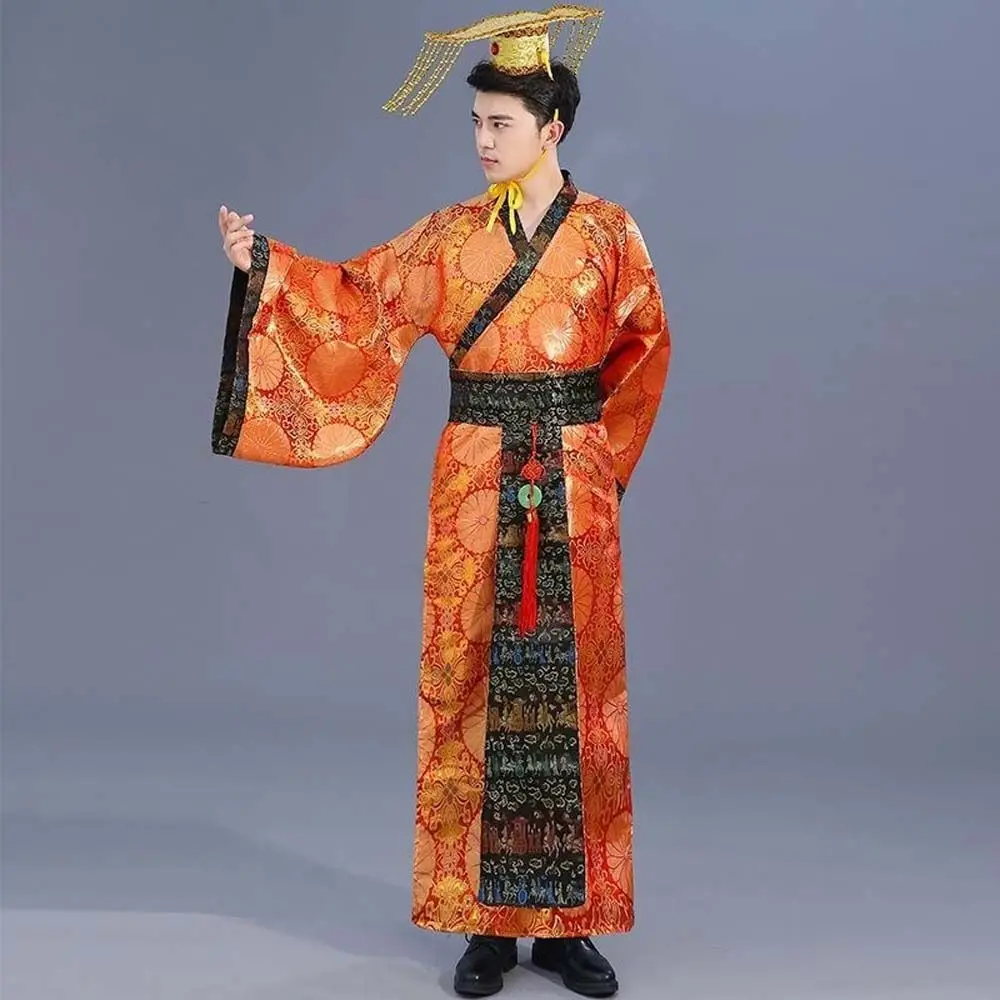 

Outfit Ancient Chinese Men Hanfu Stage Costumes Suit Robe Hat Set Chinese Men Ancient Dress Yellow Color Folk Dance
