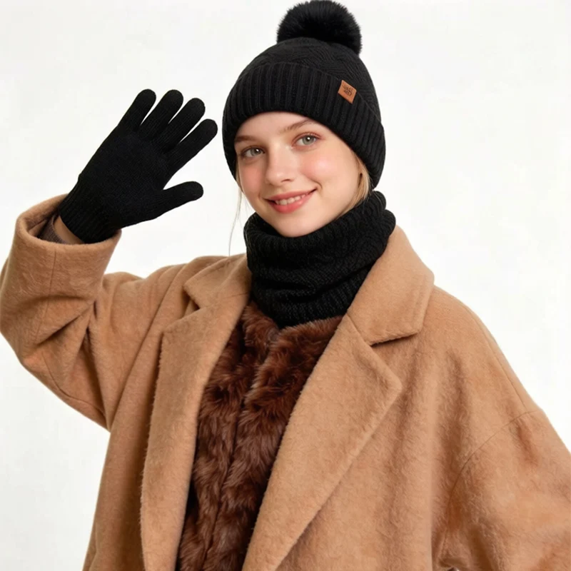 Autumn and Winter Woolen Hat, Scarf, and Gloves Three-Piece Set, Warm and Thickened Knitted Women's Cold-Proof Set