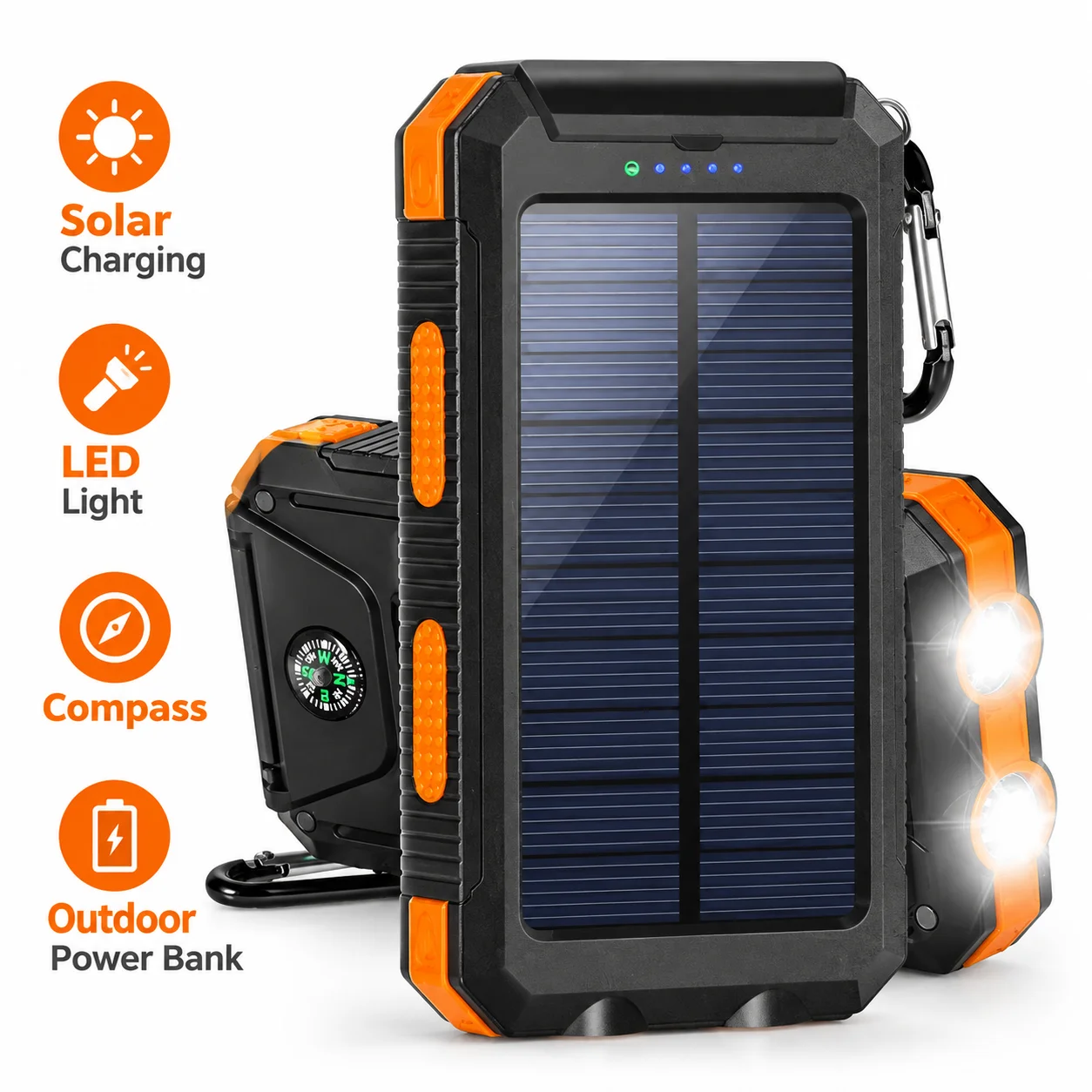 20000mAh Solar Power Bank Portable External Battery Pack with LED Light, Compass and USB Output for Outdoor Emergency Backup
