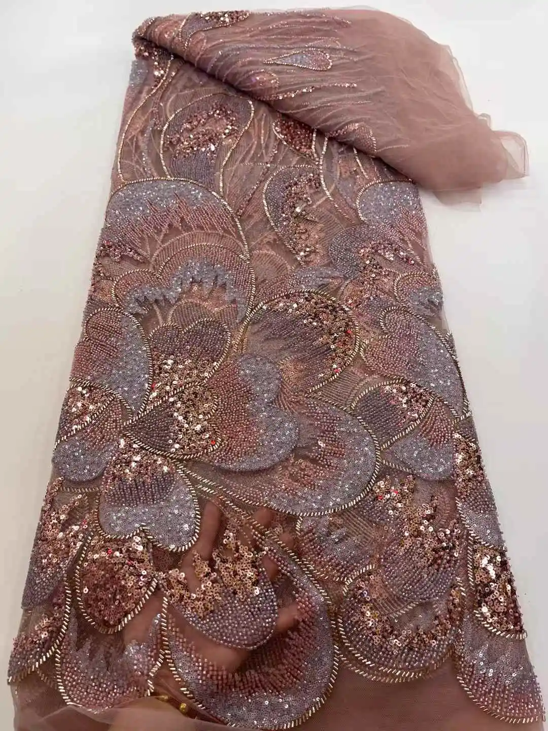 

African Beads Mesh Lace Fabric With Sequins Nigerian Lace Fabric French Tulle Lace Fabric For Wedding Party Dress -XC