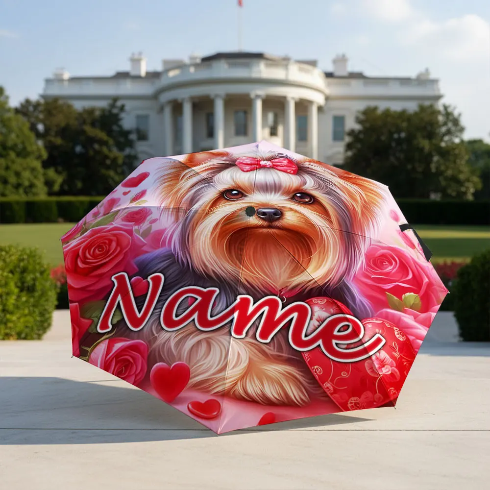 Custom Name Umbrella Yorkshire Terrier Dog Red Rose Hearts Butterfly Print Folding Umbrella Compact Portable Travel Parasol
