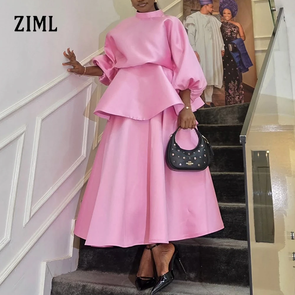 

ZIML однотонные элегантные винтажные свободные комплекты из двух предметов для женщин, воротник-стойка, топ с длинными рукавами, юбка с высокой талией, повседневный комплект, женский новый