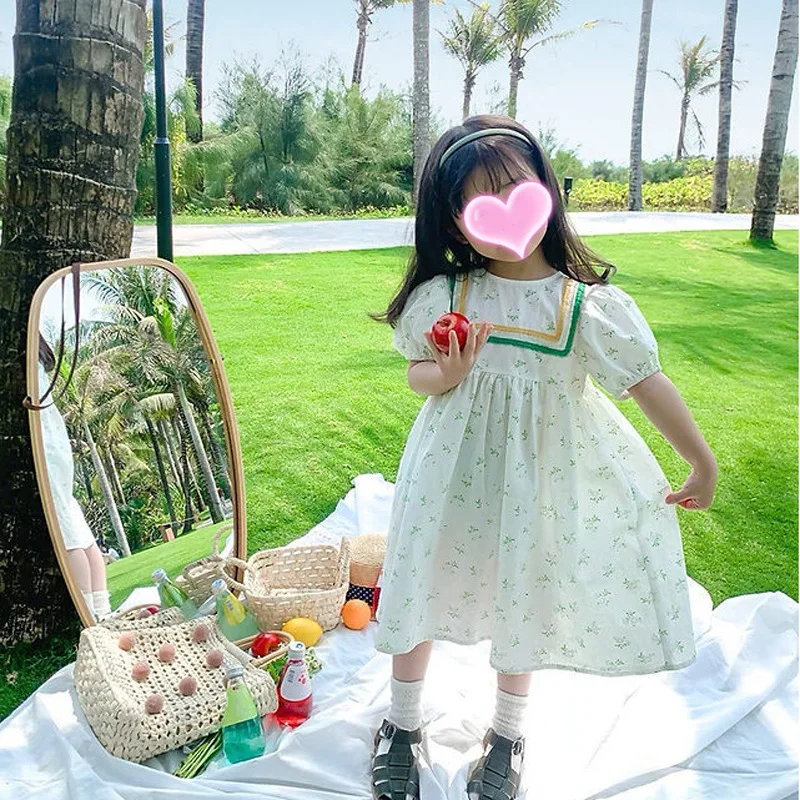 

2024New Year Puff Sleeve Girls' Summer Dress Tight Waist Small Floral Children Princess Dress