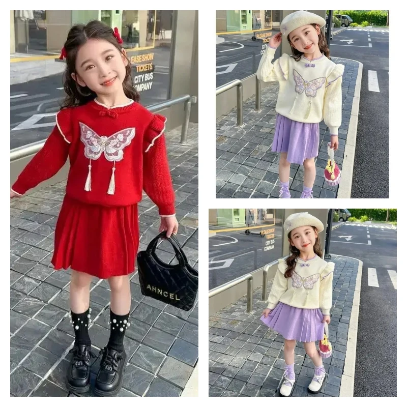 

Hot Kawaii Girl Fashion Sweater Skirt Set Student Spring Autumn Casual Knitwear Pleated Skirt 2-Piece Set Children's Clothing