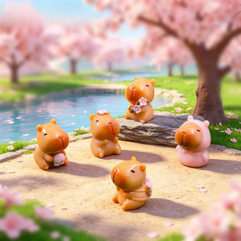 5pcs Raincoat Capybara Figure Cherry Blossom Capybara Mini Figurines Desktop Decoration Model Ornaments Desk Decor Accessories
