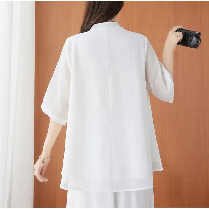 2025 Summer Cotton and Linen Women's Tops Loose Thin Stand Collar Embroidered Shirt Tea Clothing Retro Women Blouse