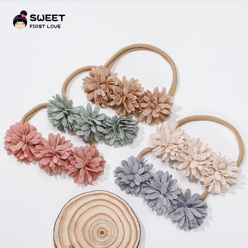 Hair Band For Girls Three Flowers Handmade linen Fabric Soft Nylon Elastic Baby Headband For Kids headdress Hair Accessories