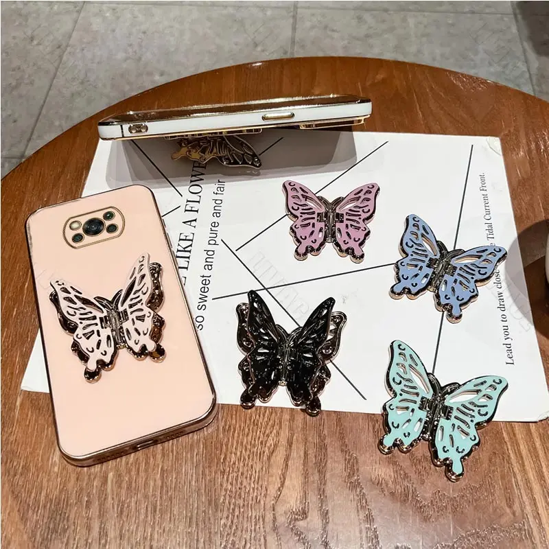 Luxury Butterfly Plating Holder Phone Case On For Xiaomi Mi Poco X2 X3 X4 X5 M3 M4 M5 F3 F4 NFC Pro 4G 5G GT C40 Stand Cover