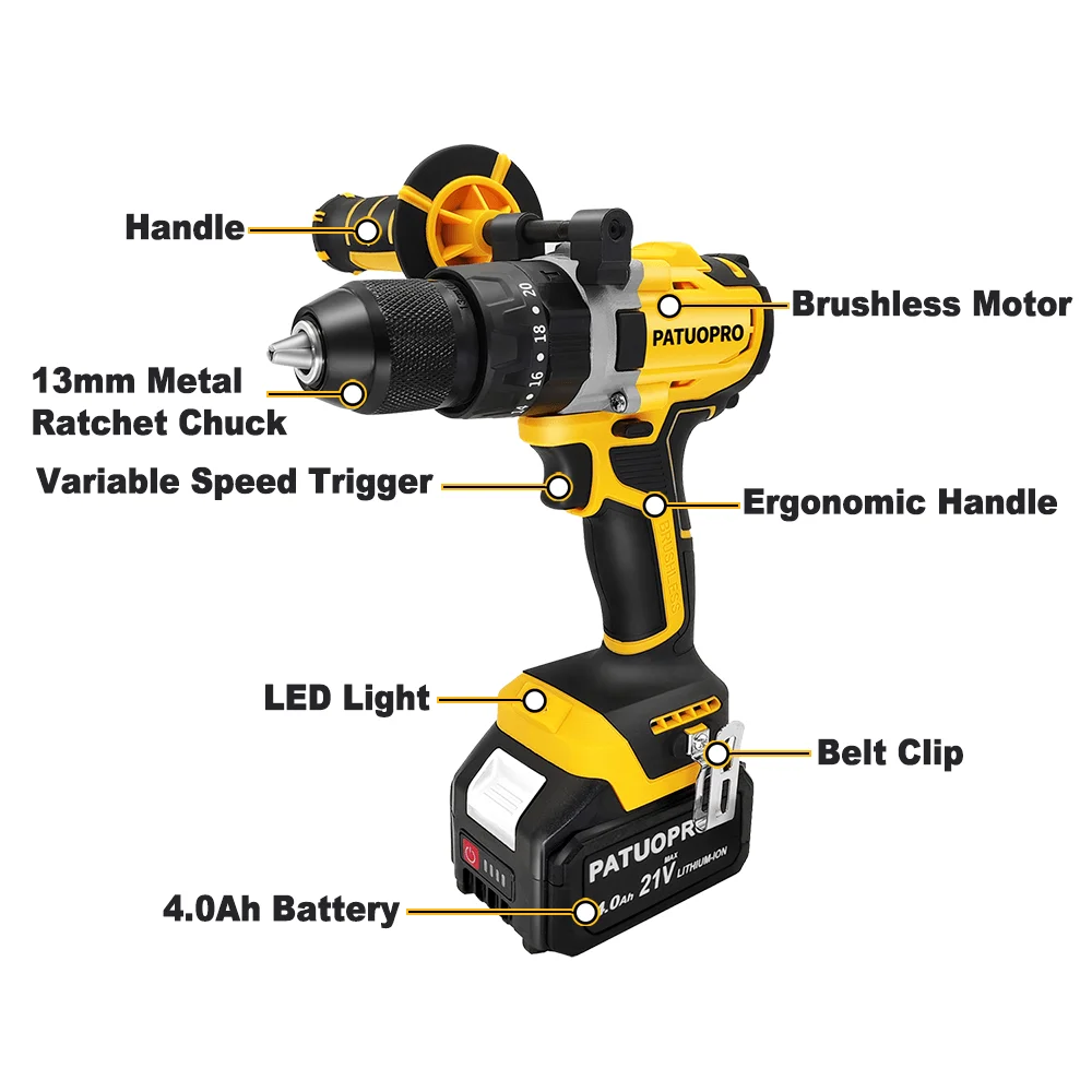 20V Brushless Electric Hammer Drill Cordless 13mm Power Impact Drill Ice Screwdriver 4.0Ah Battery for Wood Metal Concrete