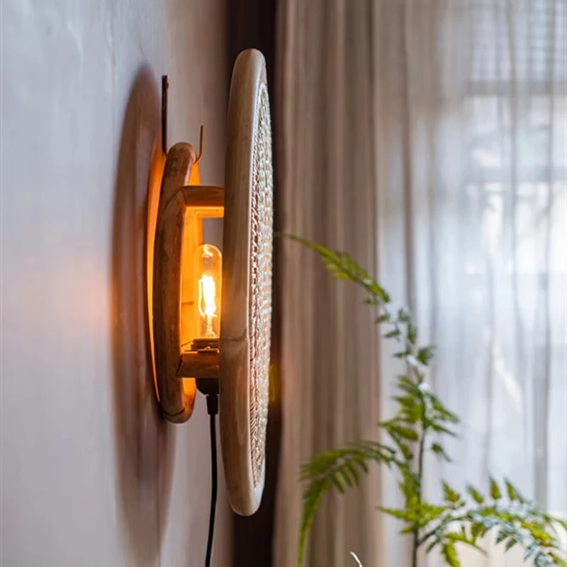 

Круглый настенный светильник из ротанга в китайском стиле, настенный светильник ручной работы из бамбука и дерева, для гостиной, спальни, астичный YX645GX