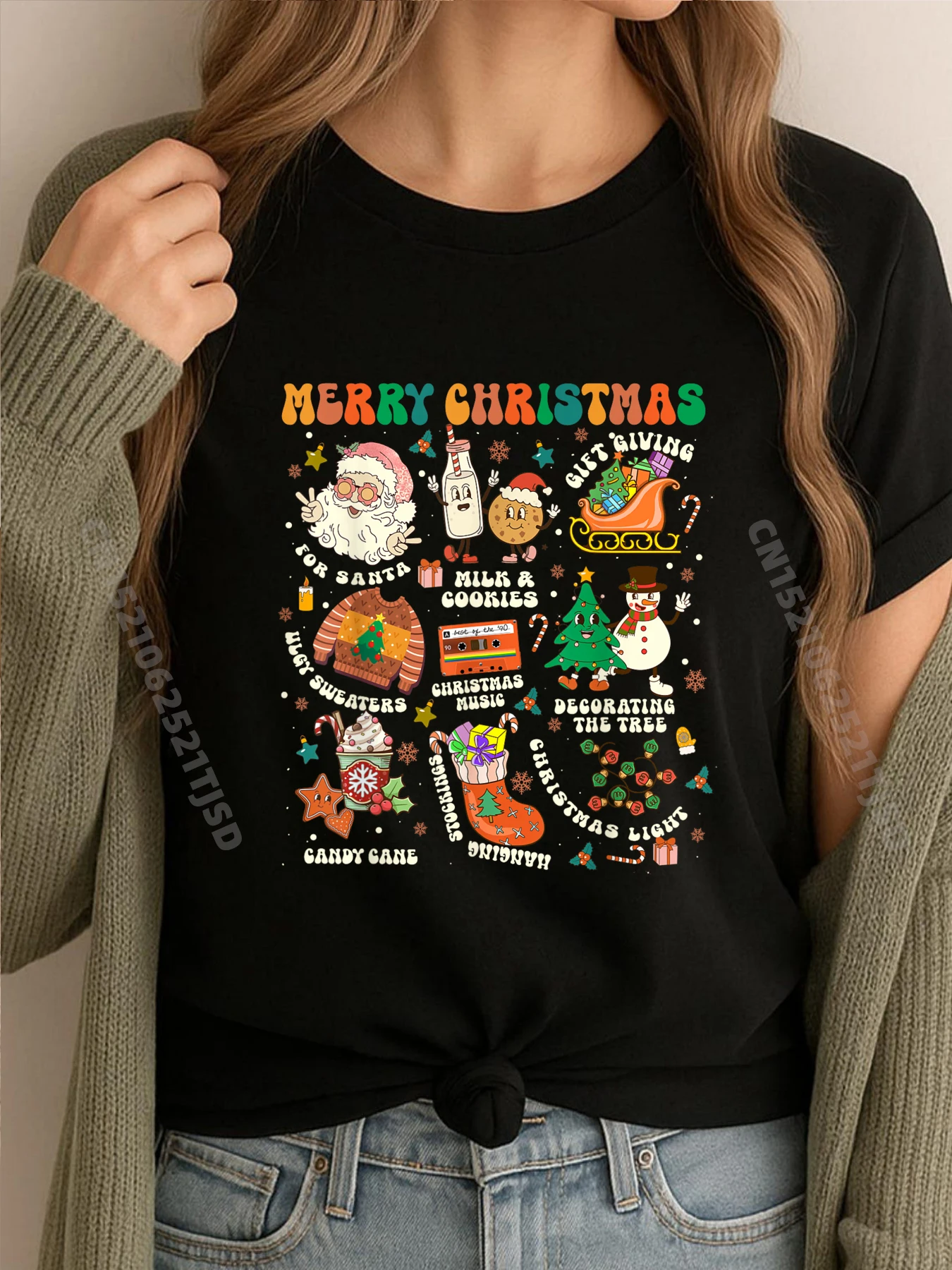 

Retro Groovy Merry Christmas Vibes Santa Claus Xmas Black Graphic Tees T-Shirts