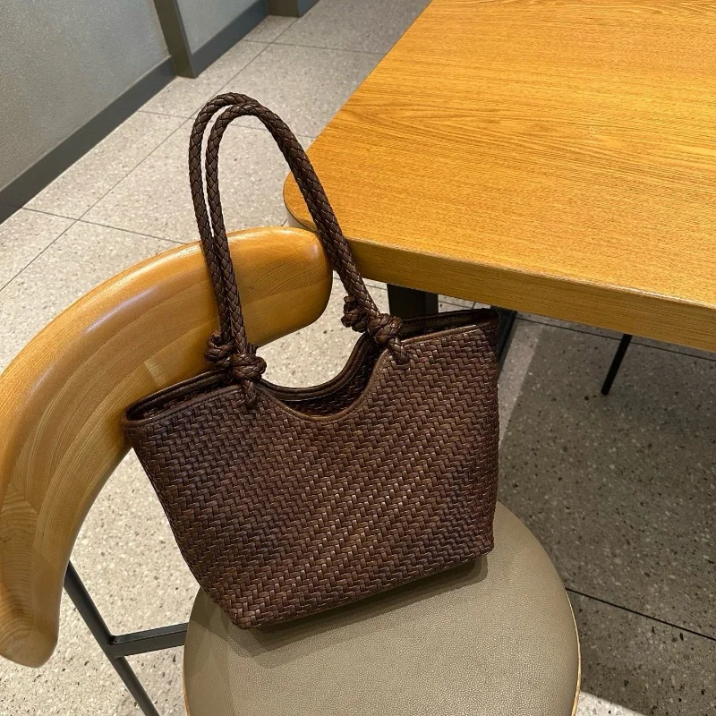 

Вязаная вручную мягкая кожаная сумка-тоут для женщин, модная тканая повседневная сумка на плечо, большая вместительная женская универсальная сумка для покупок