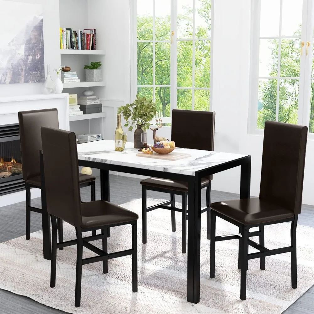 Dining Table Sets for 4, 5 Piece Faux Marble Kitchen Table and Chairs Set for 4 Person, 47