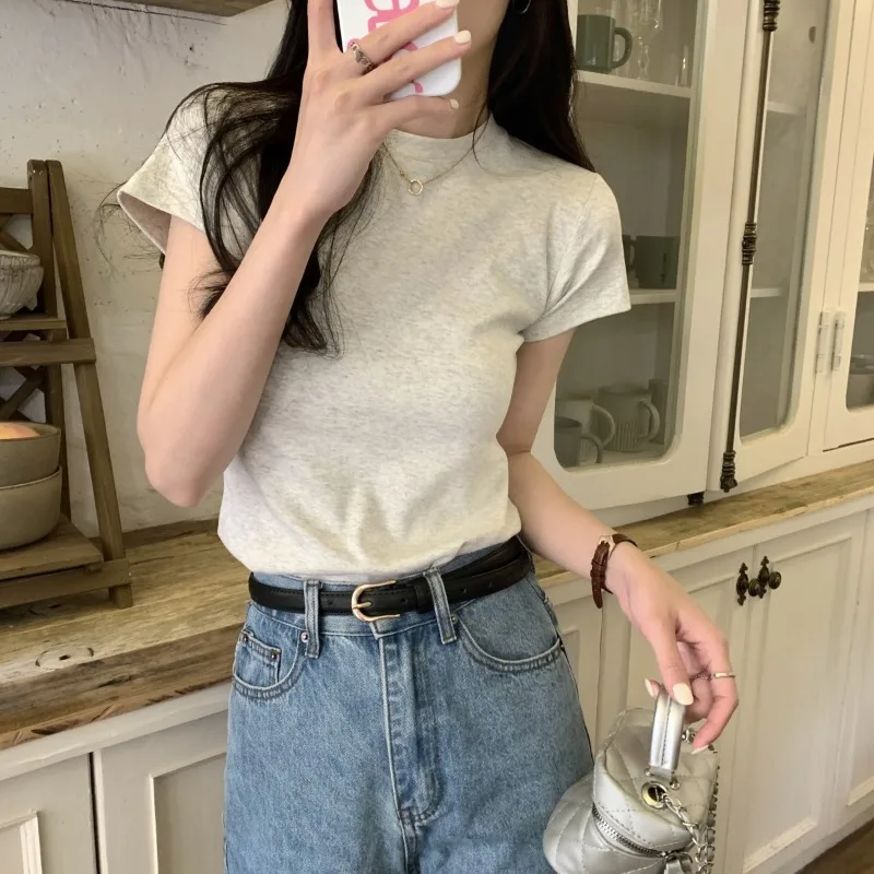 Women Short-sleeve Inner T-shirt High Round Neckline Slim Fit New Summer Style Female Student Girl Basic Solid Color Top T-shirt