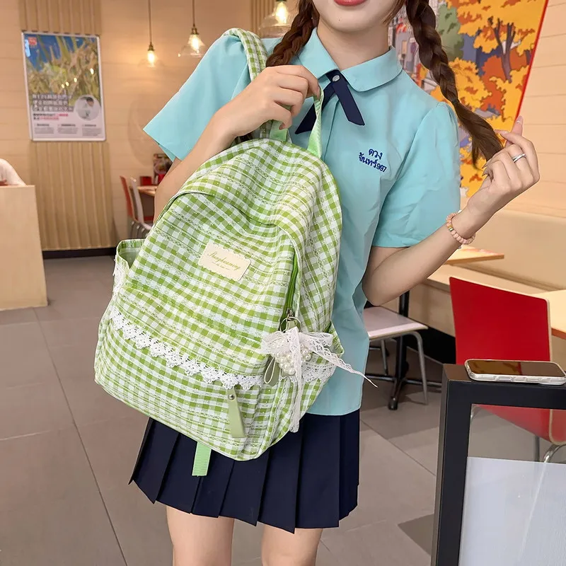 Plaid Backpack Korean Style Checkered Backpack for Female Students Large Capacity Lightweight Versatile College Style Backpack