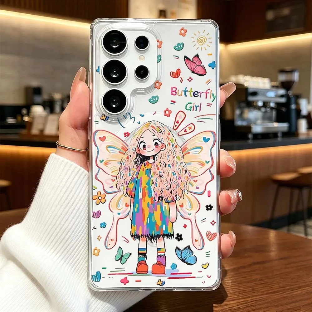 Fashionable Girl Pattern Phone Case For Samsung Galaxy S26 S25 S24 S23 S22 Ultra FE Plus A56 Transparent Magnetic Cover