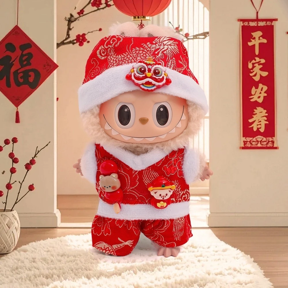 

17 см мини-плюшевая кукла, одежда, аксессуары для Labubu, новогодний костюм Тан, пальто с красным цветком, китайская южная шляпа со львом, одежда