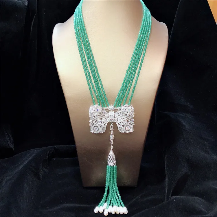 

Hand knotted multilayer noble white natural freshwater pearl green jade micro inlay zircon tassel necklace fashion jewelry