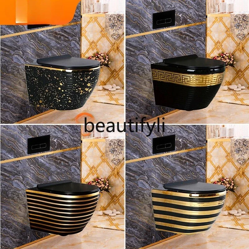 A61 Wall-Mounted Toilet Black Color Gold Wall Drainage Concealed Cistern Ceramic Suspended Toilet